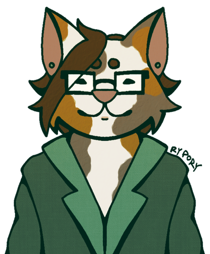 Cartoony illustration of an anthropomorphic calico cat wearing glasses and a green coat
